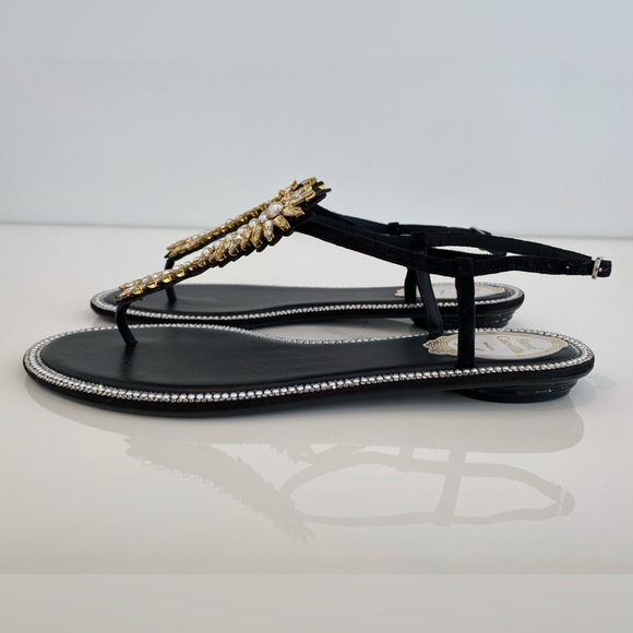 RENE CAOVILLA BLACK LEATHER SUEDE CRYSTAL PEARL SANDALS SIZE IT 38 / IT 8 - Picture 10 of 16